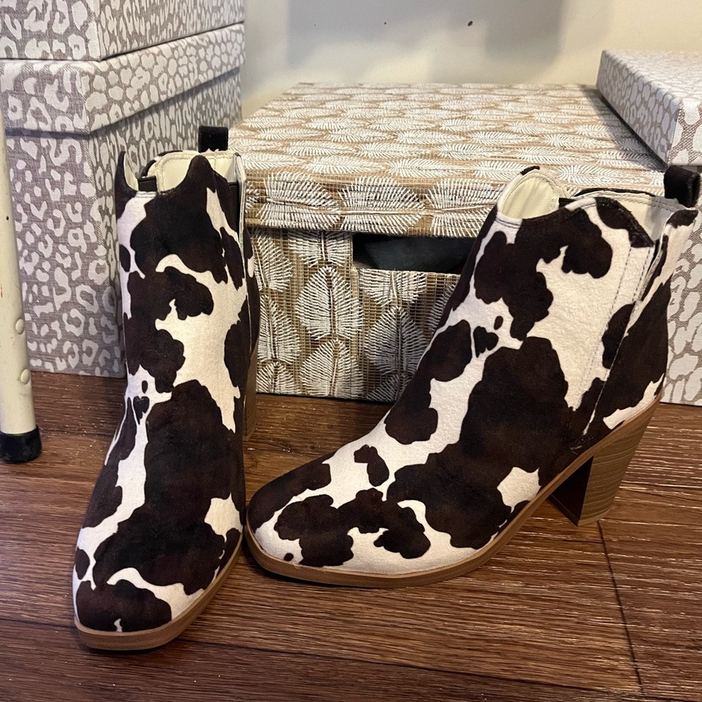 Arula brand Cow Print Ankle Boots - Brown & White Women's Heeled Booties
